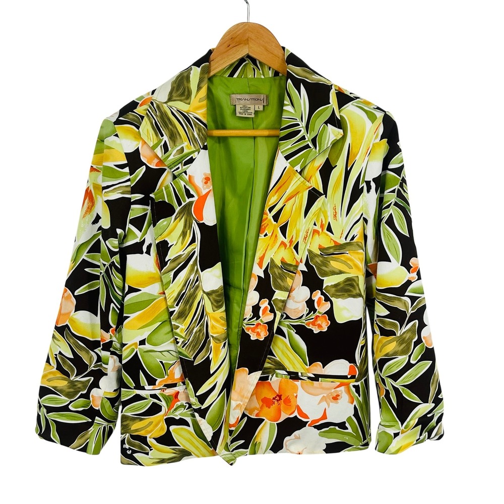 Transitions‎ Womens Floral Tropical Blazer Jacket Green Orange Black Size Large